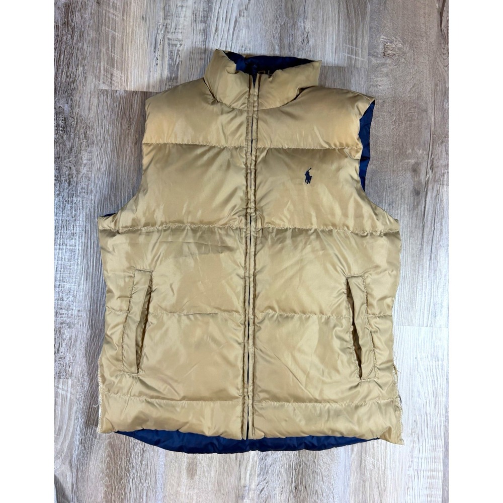 Polo Ralph Lauren Youth M 12/14 Reversible Down Puffer Vest Navy Tan Spellout AS